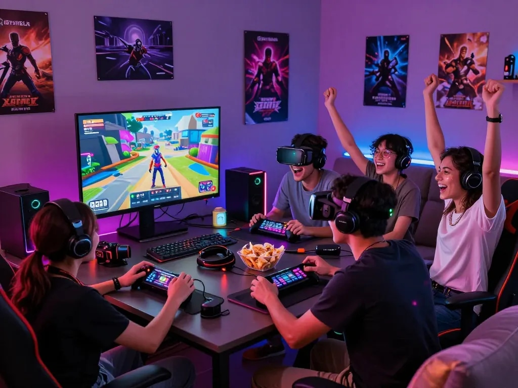 Engaging friends playing sex games online in a vibrant gaming room atmosphere.