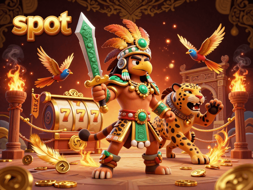 Spin the slot reels with excitement in a vibrant 3D casino scene featuring warriors and golden tokens.