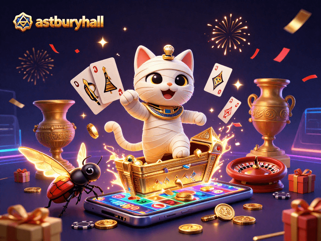 Play exciting slots at astburyhall with a captivating Egyptian casino scene featuring vibrant characters and gaming elements.
