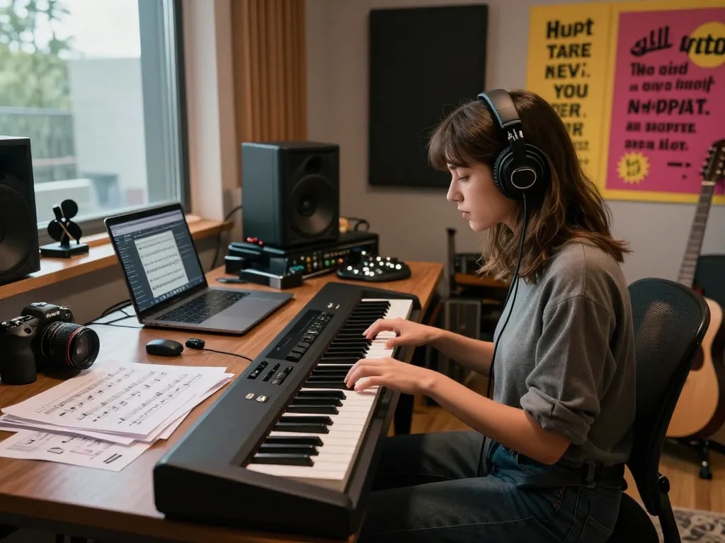 Musician composing at go 88 digital piano in a creative studio, blending modern design with musical inspiration.