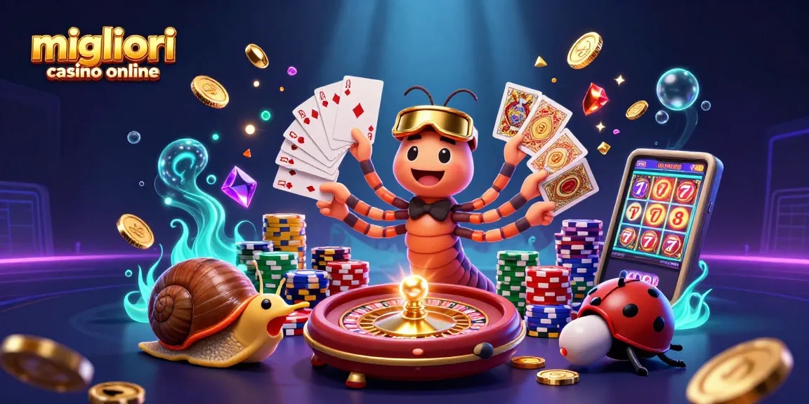 I migliori casino online con un dealer millipede che distribuisce carte in un ambiente ricco di giochi e monete d'oro.