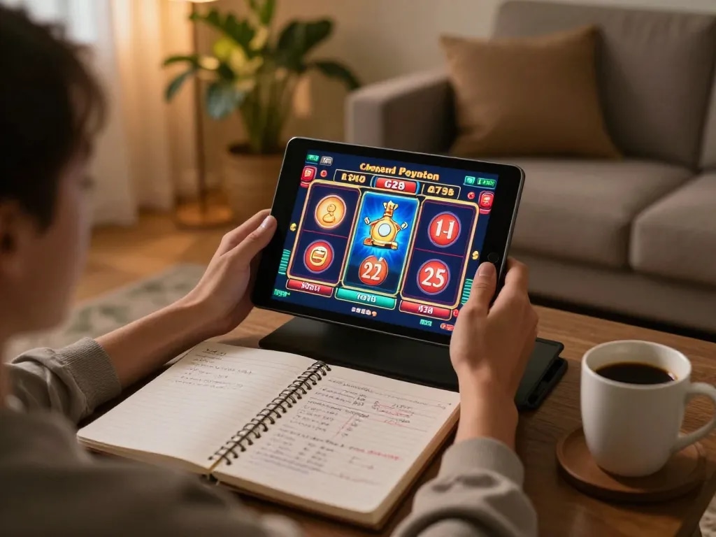 Play G28 online slots from a cozy living room setting, showcasing vibrant game graphics