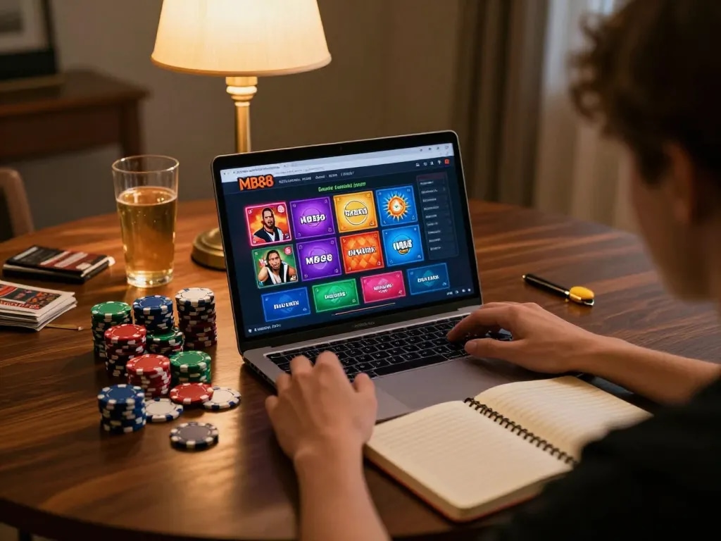 Player engaging with MB88 casino games on laptop while studying strategies at home
