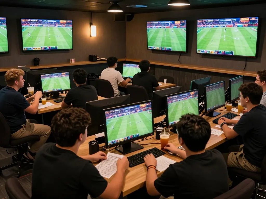Fans engaging in cá cược bóng đá while watching live football matches with excitement and strategy at a modern betting lounge