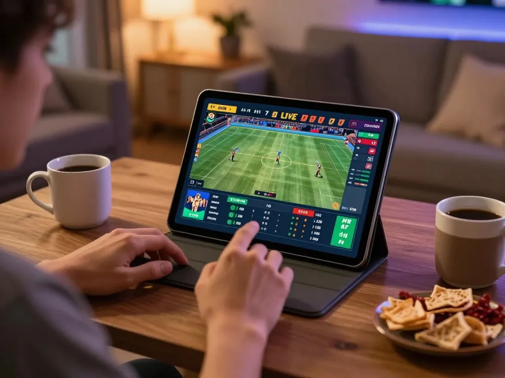 Engaging in sports betting at home with bk8 on a tablet, showcasing excitement and strategy.