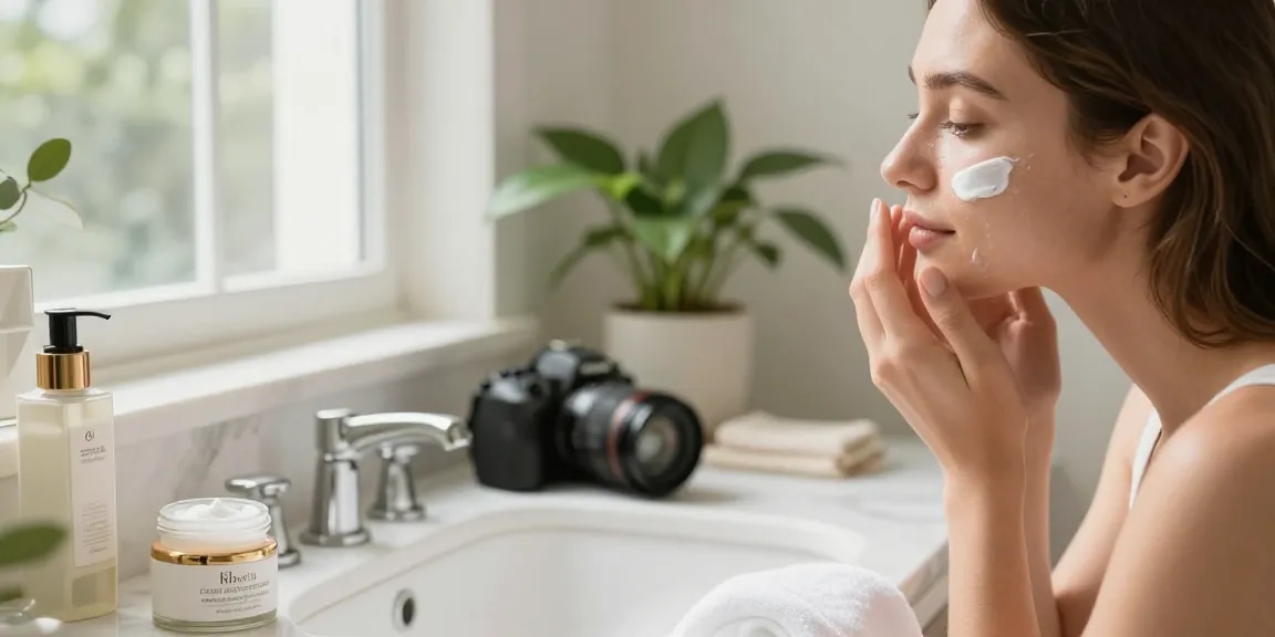 Aplicarea cremei hidratante pentru față cu lumină naturală într-un mediu de baie luxos.