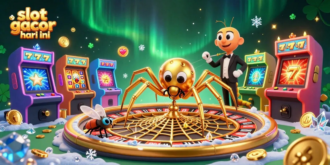 Spin the reels and win with the vibrant slot gacor hari ini digital illustration featuring a 3D spider and a croupier.