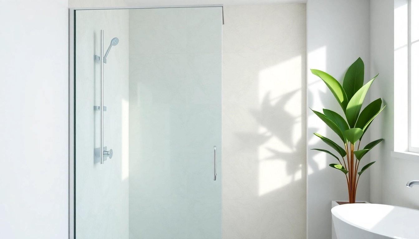 View of elegant glass shower doors with a sleek frame and modern bathroom decor.