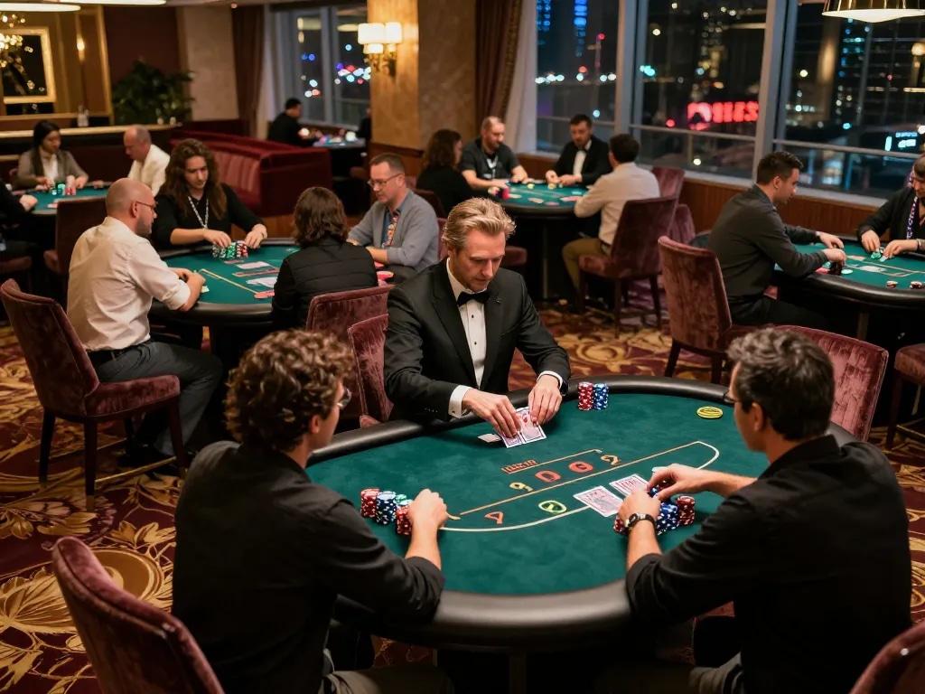 Các người chơi tham gia vào trò chơi chiến lược tại bàn poker, trình bày liên kết m88 trong không gian casino sang trọng.
