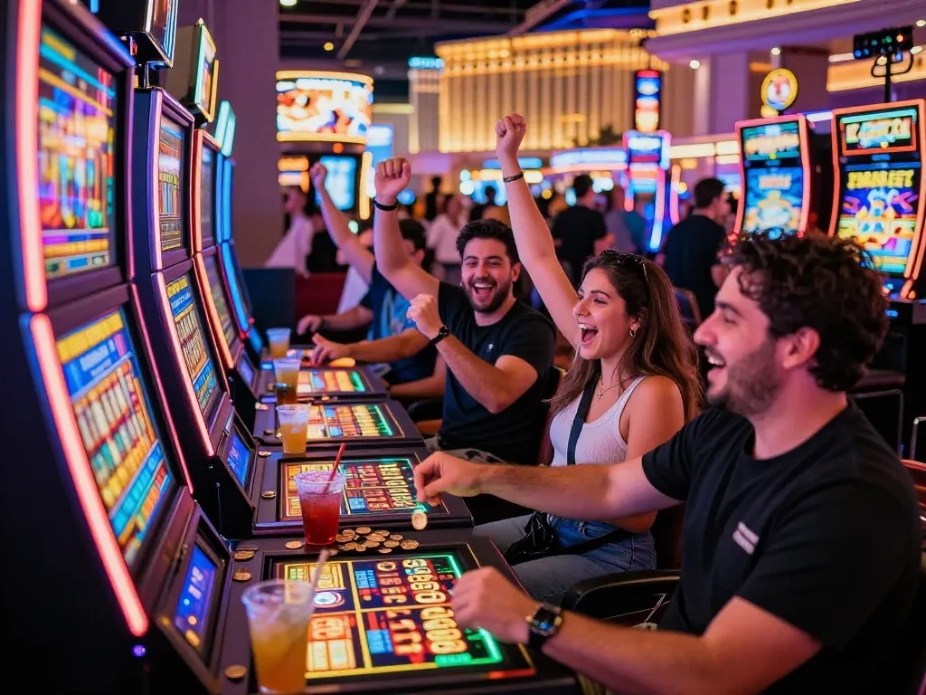 Sekelompok teman merayakan kemenangan di mesin link slot di kasino Las Vegas, lampu yang cerah dan suasana meriah.