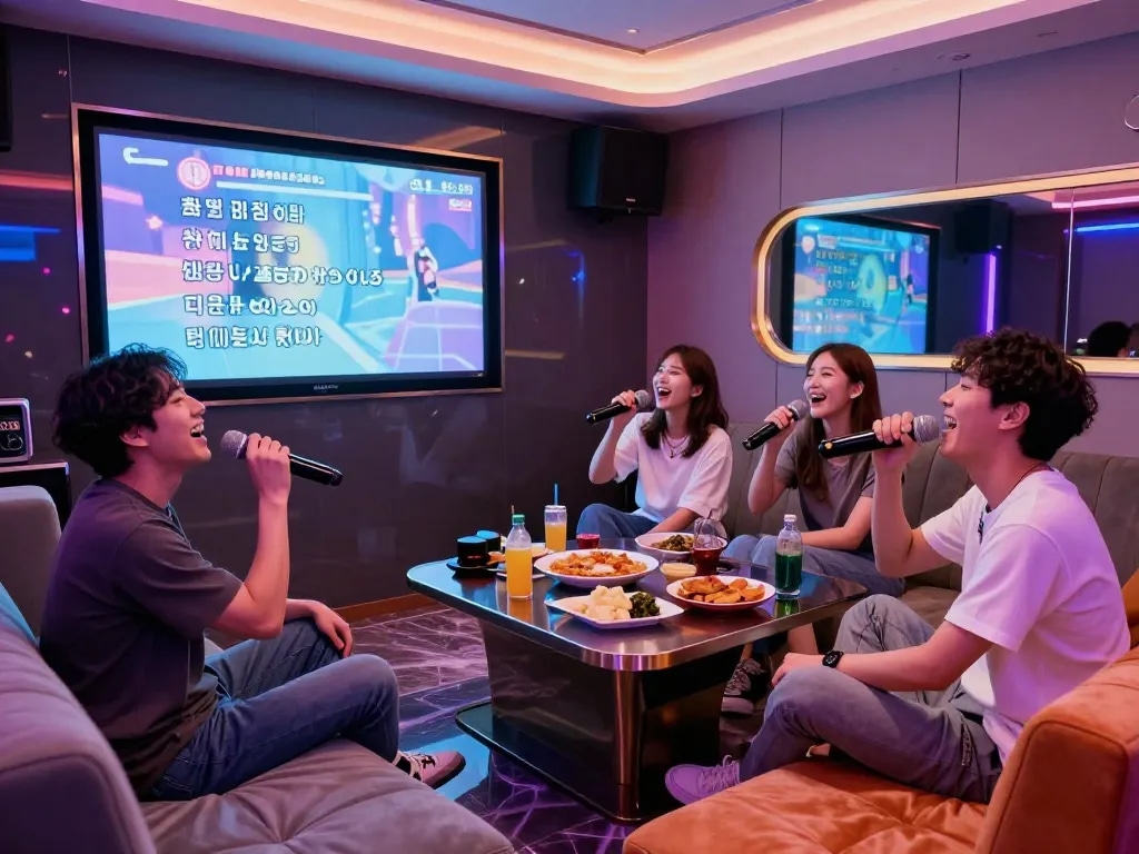 부평쓰리노 노래방에서 활기찬 밤을 즐기는 친구들, 웃음과 음악이 있는 생동감 넘치는 분위기.