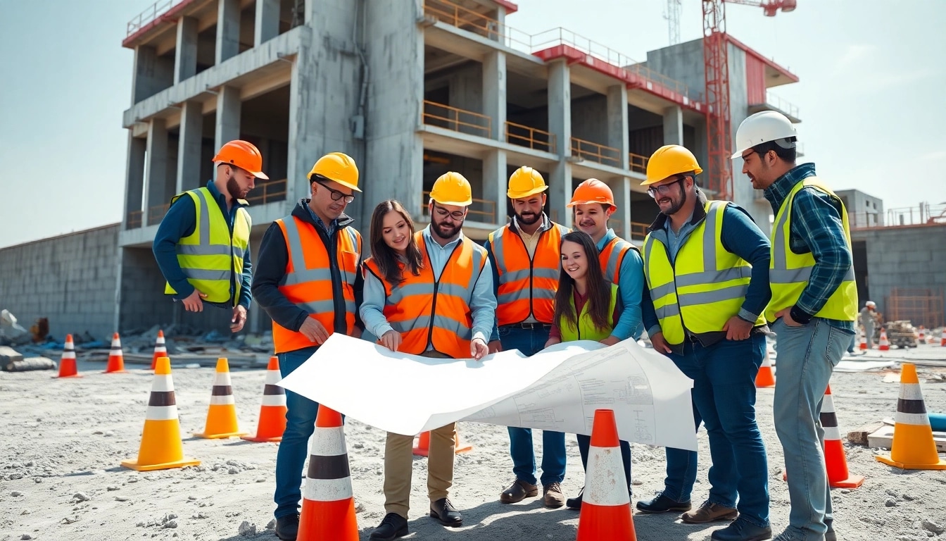 Workers practicing construction site safety while collaborating on a blueprint onsite.