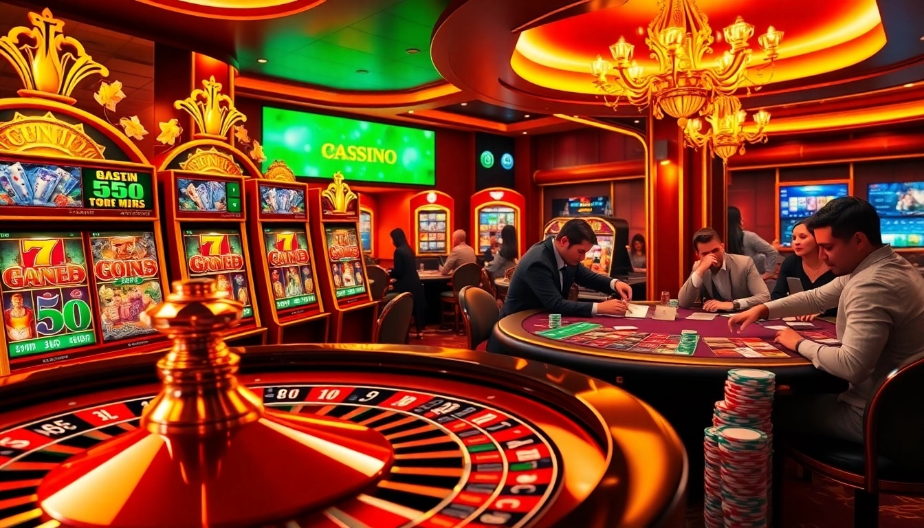 Une scène de casino animée mettant en avant l'excitation du casino en ligne fiable avec des machines à sous vibrantes et une roue de roulette.