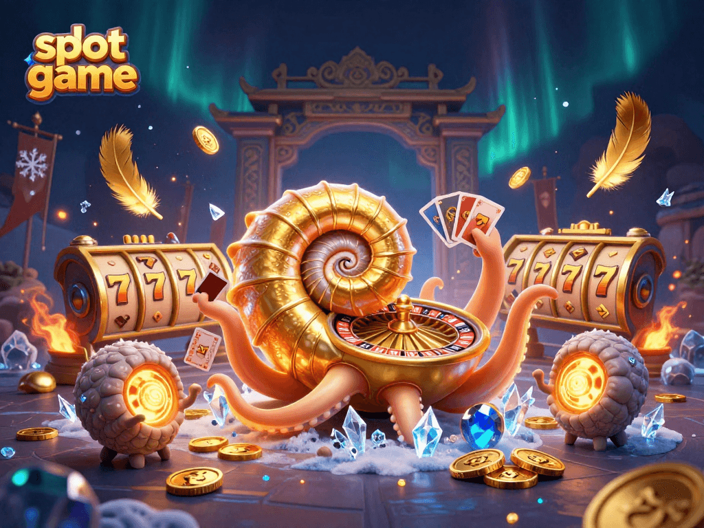 Engage in an exciting slot game scene featuring a giant nautilus and glowing ammonites amidst vibrant casino elements.