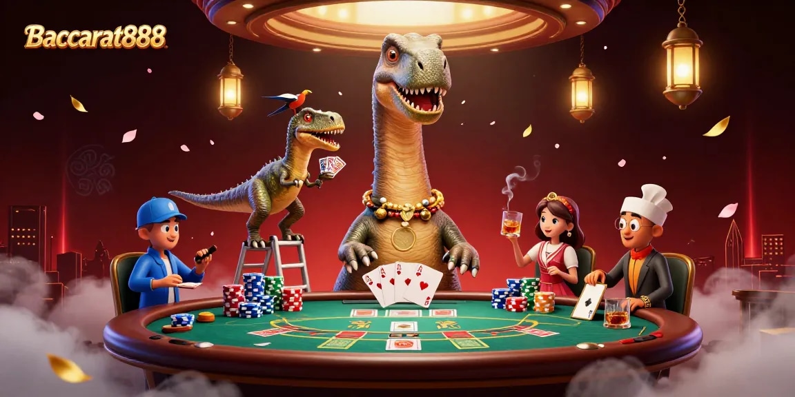 Baccarat888 cartoon scene showcasing a brontosaurus and clever raptor in a vibrant casino.