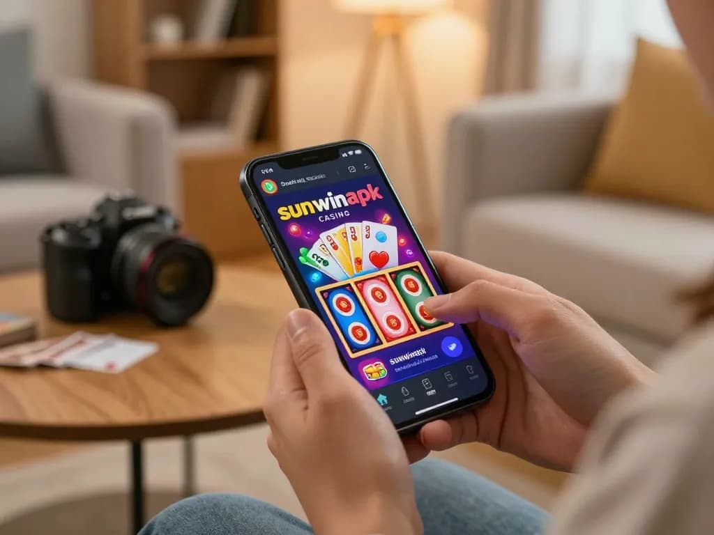 Engaging with the sunwinapk casino app on a smartphone in a cozy home setting, showcasing responsible gaming.