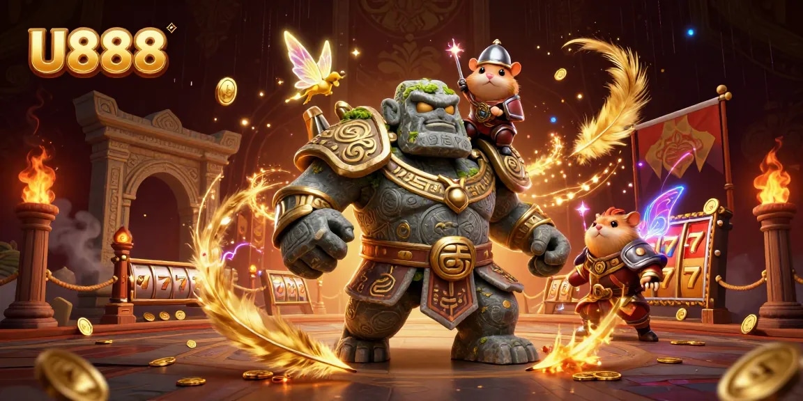 Experience thrilling wins at U888 with a vibrant 3D scene featuring a golem guardian and magical companions.
