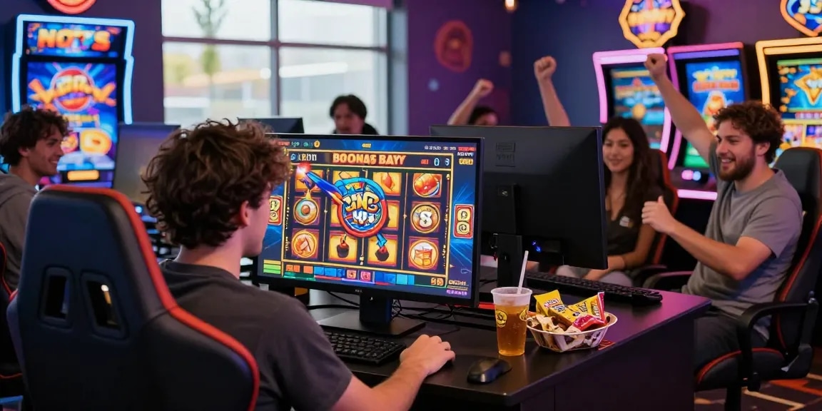 Player enjoying bonus buy slots on a vibrant gaming monitor with neon lights in a lively online casino atmosphere.