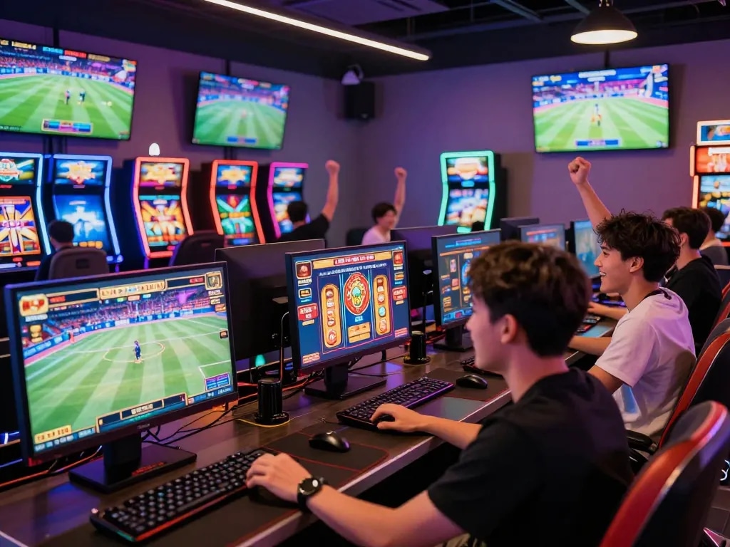 Engaging online gaming environment showcasing W88.ca players enjoying sports and casino games in vibrant, modern lounge.