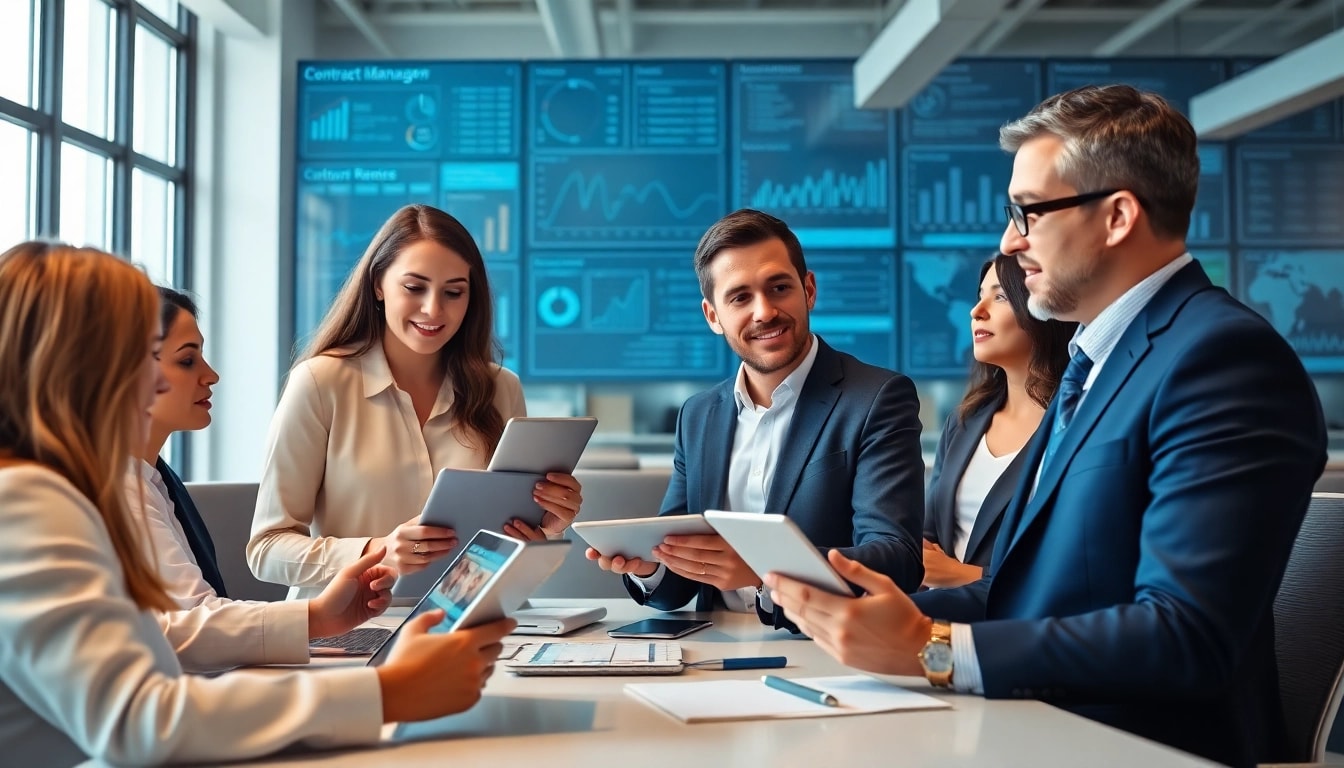 Streamlined contract management process with professionals analyzing data and engaging in discussion.