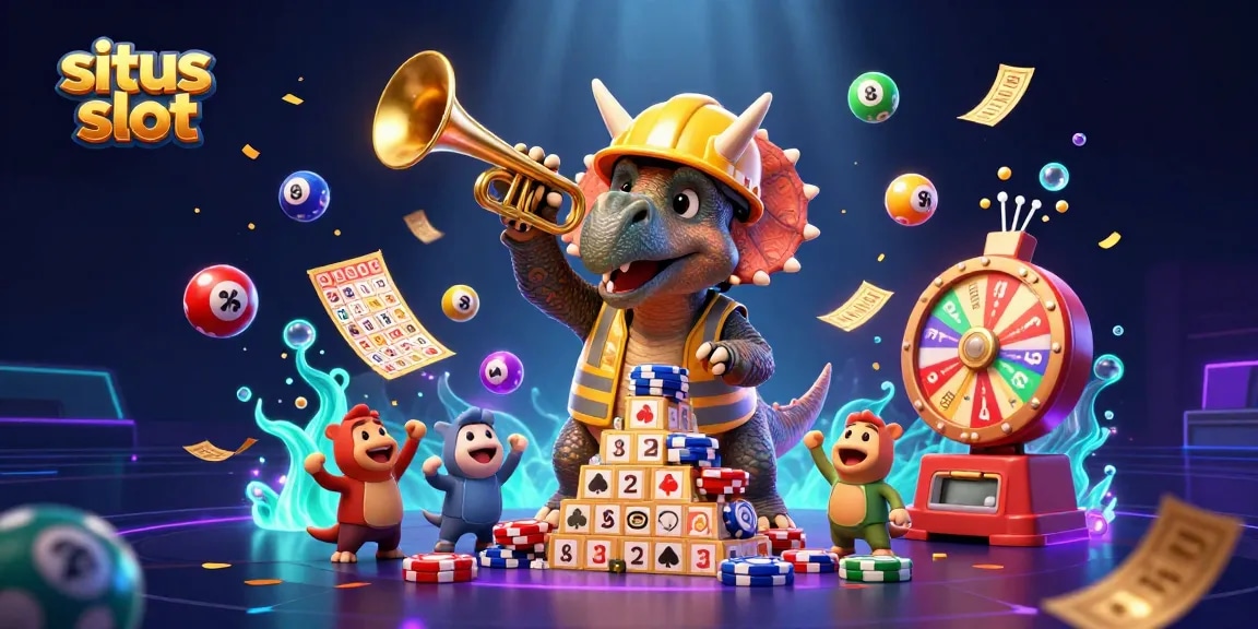 Engage in situs slot gaming with a lively scene featuring a triceratops and festival elements.