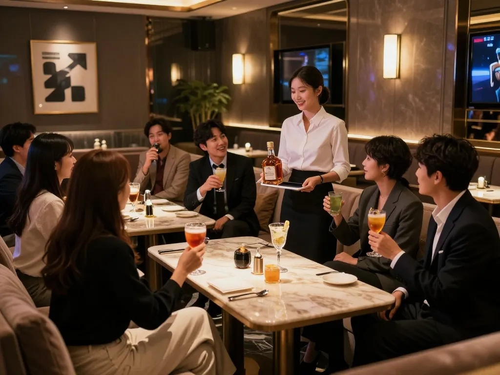 Enjoying luxurious drinks at 강남쩜오 karaoke lounge, vibrant nightlife atmosphere.