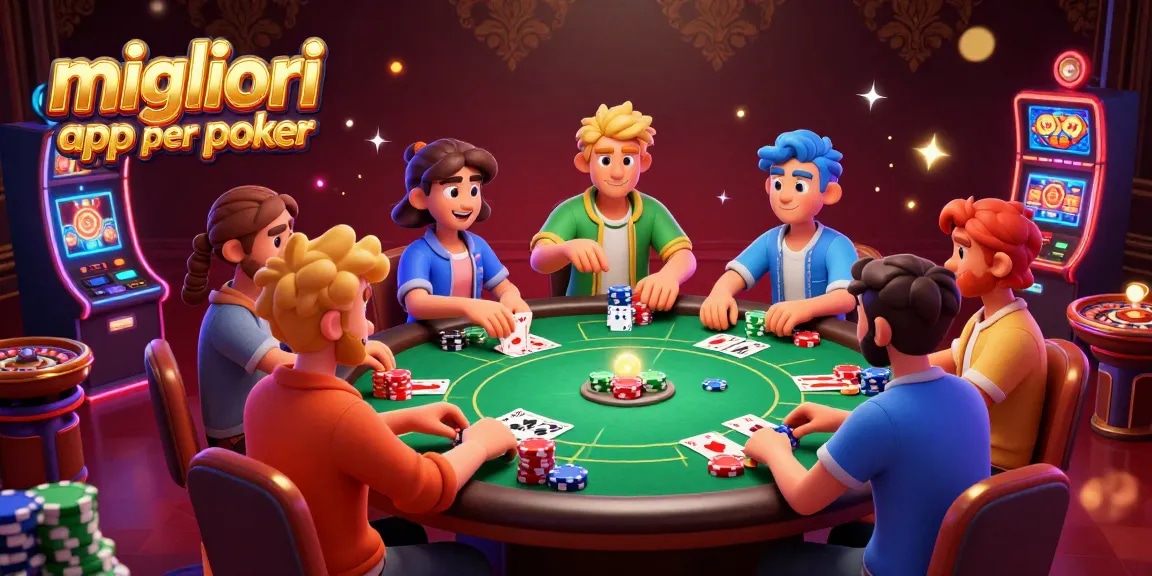 Migliori app per poker con tavoli da gioco, fiches colorate e atmosfera di casinò vivace.