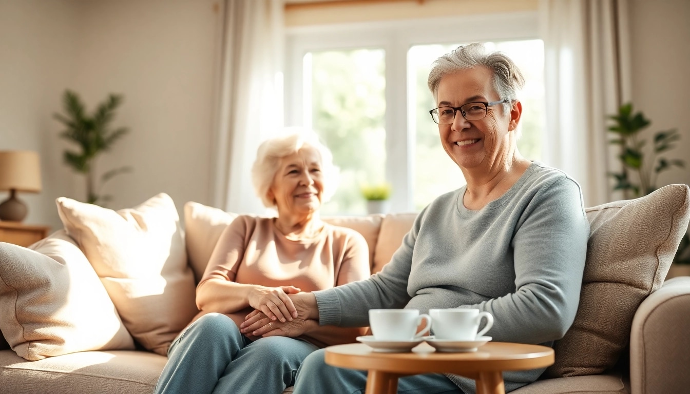Engaging scene showcasing in home care for seniors with caregivers assisting elderly individuals in warm settings.