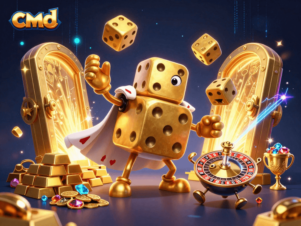 cmd dice golem juggles golden dice in a vibrant casino scene