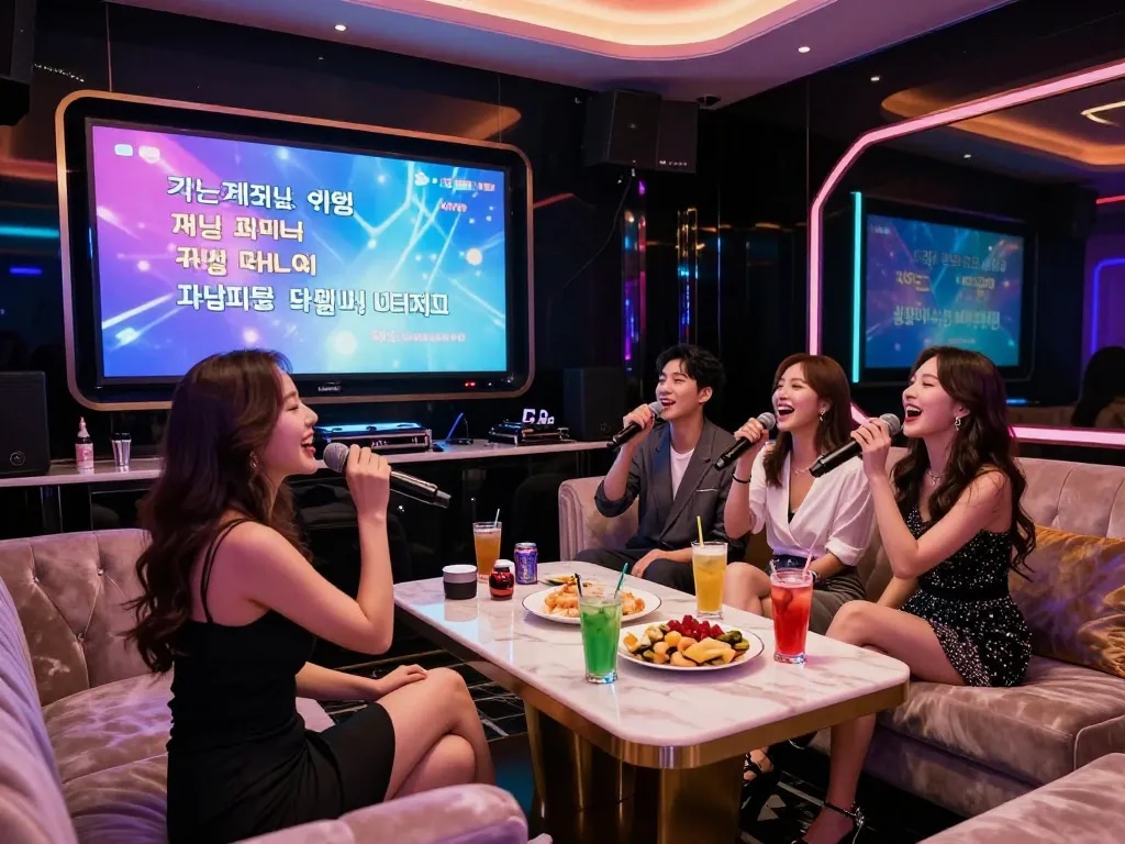 스타일리시한 장식과 활기찬 분위기 속에서 강남퍼펙트 노래방에서 축하하는 그룹.