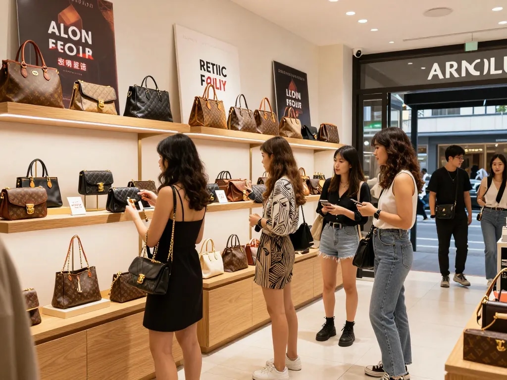 Shopping experience at a 레플리카 사이트 showcasing trendy luxury bags and outfits.