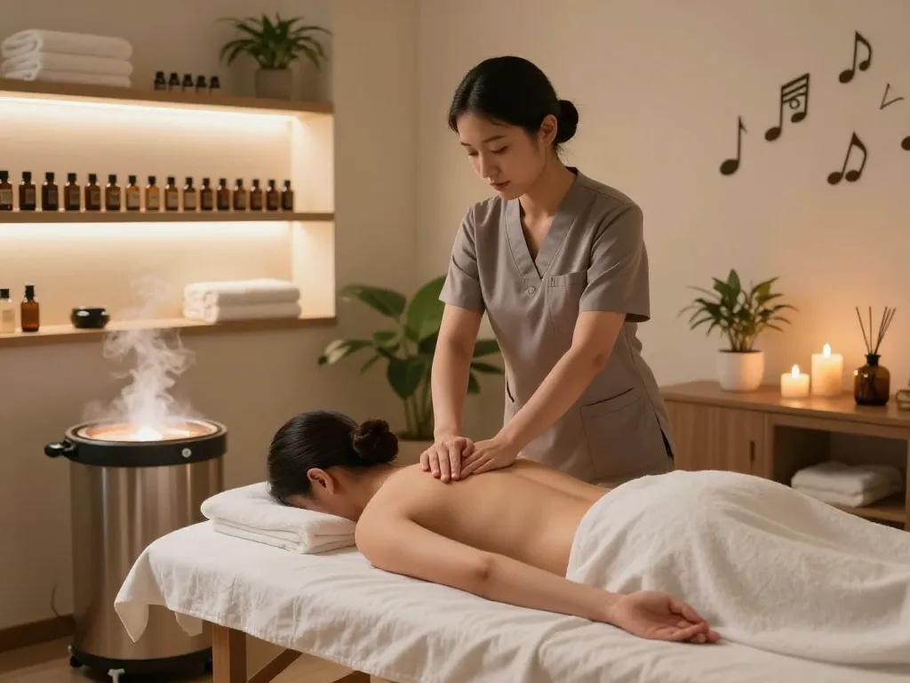 Indulging in a soothing 동대문스웨디시 massage therapy session in a tranquil spa environment.