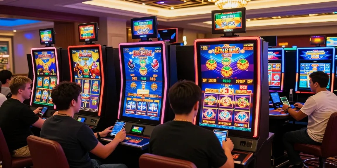 Exciting players enjoying various games at credit card casino sites, showcasing vibrant graphics and mobile devices.