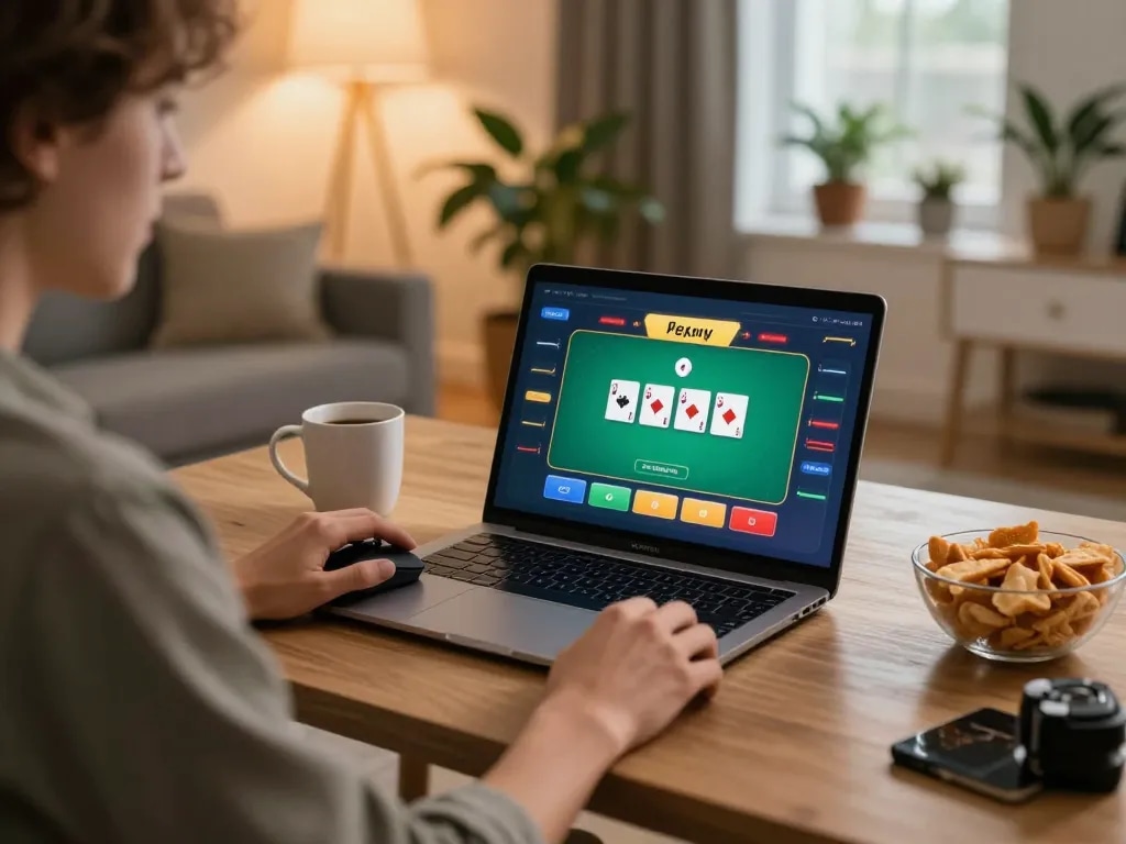 Player engaged in online gaming at home, exploring S666's interface for strategic betting