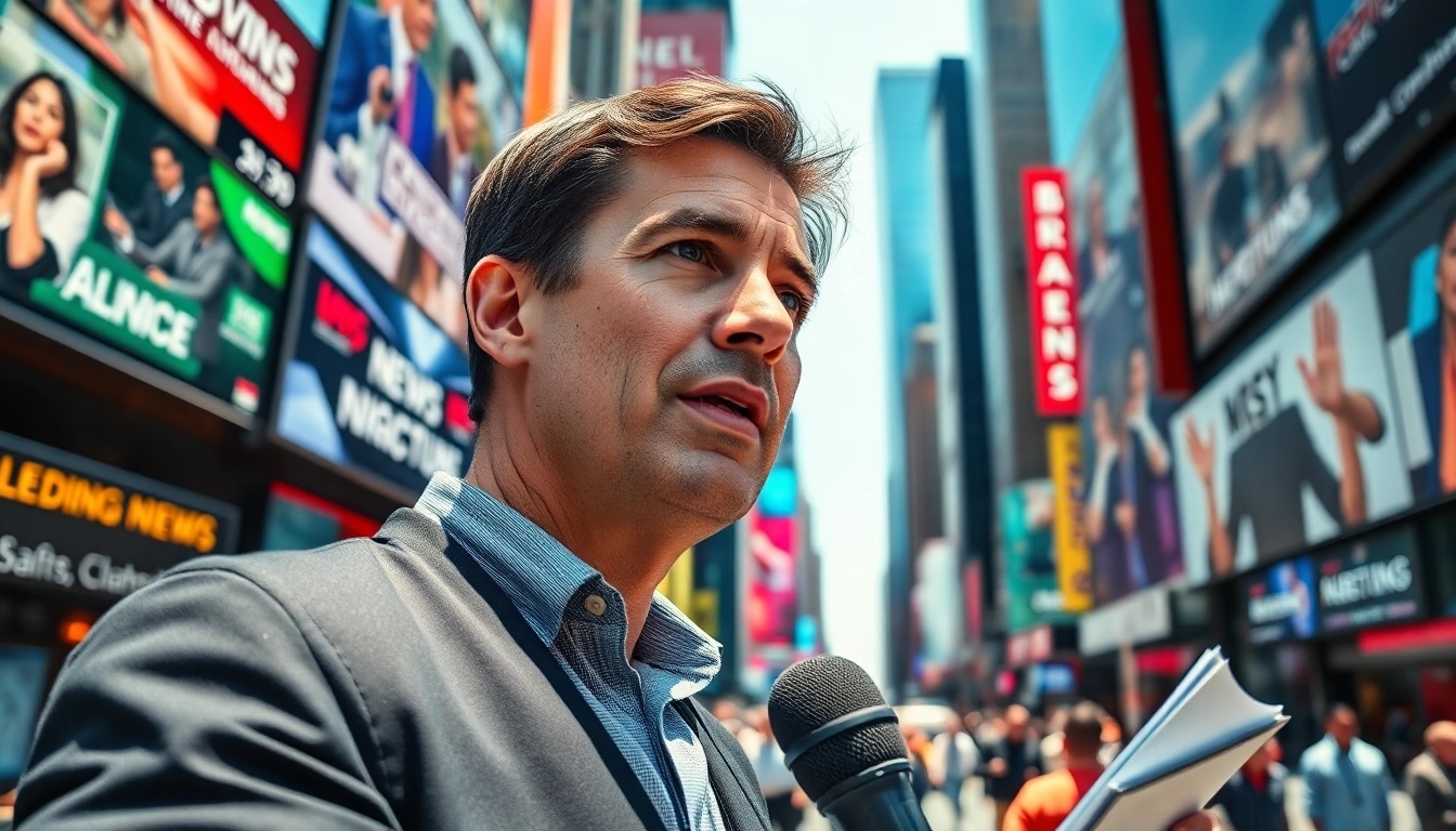 Capture of a journalist reporting news amid a vibrant city, showcasing energy and urgency.