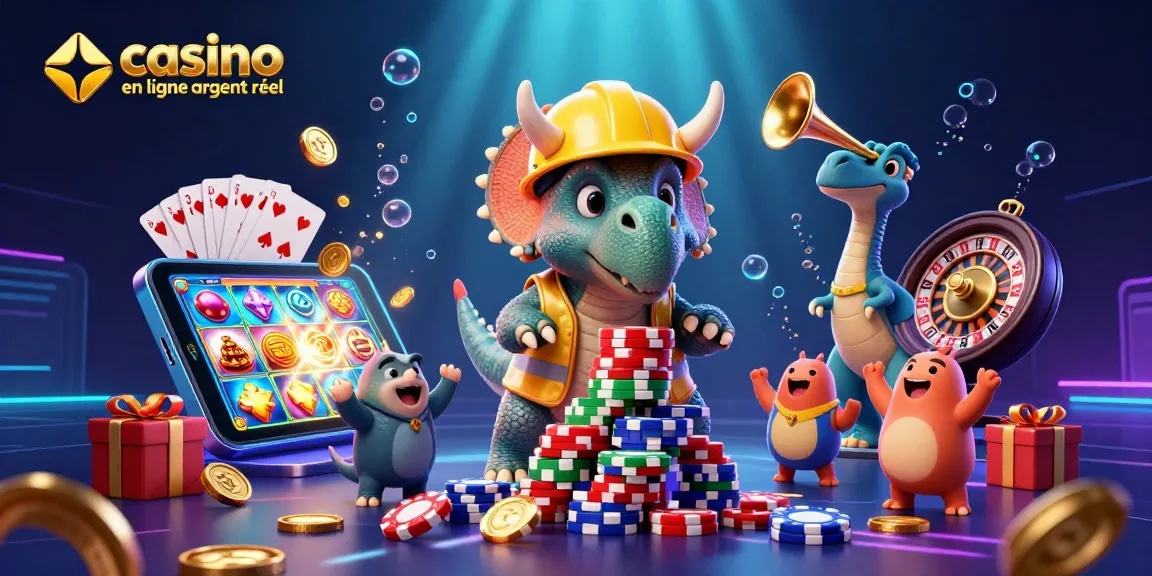 Jouez au casino en ligne argent réel avec des machines à sous, cartes et gains colorés.