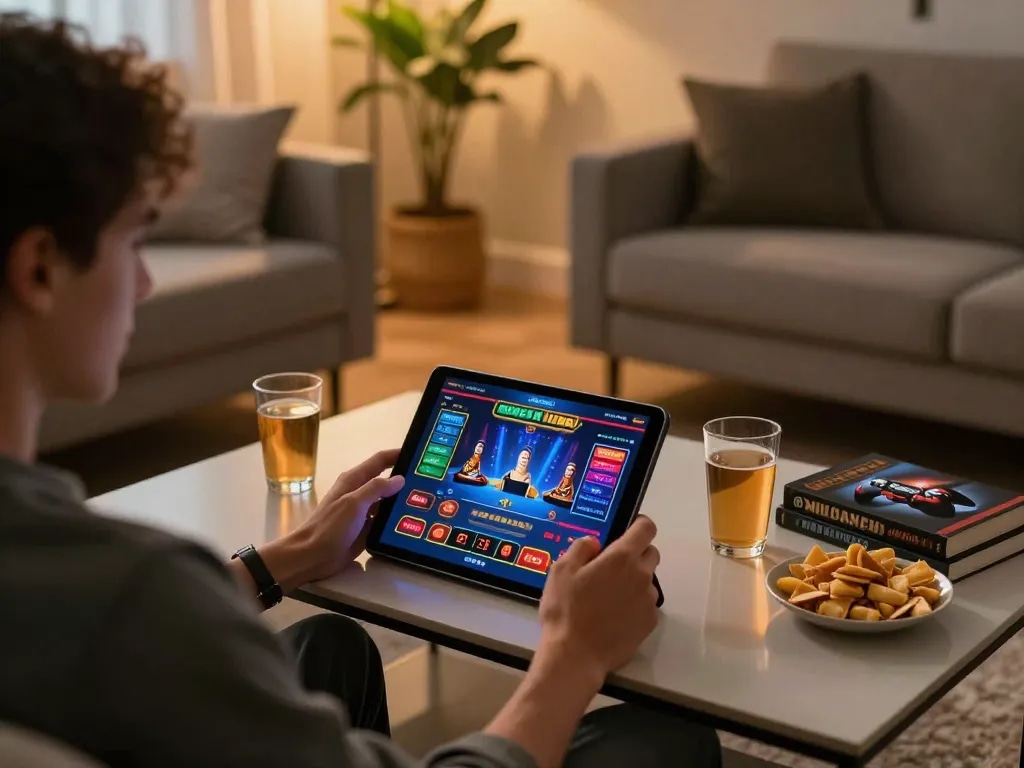 Engaging with TR88's online casino on tablet in a cozy home setting, showcasing live dealer games.