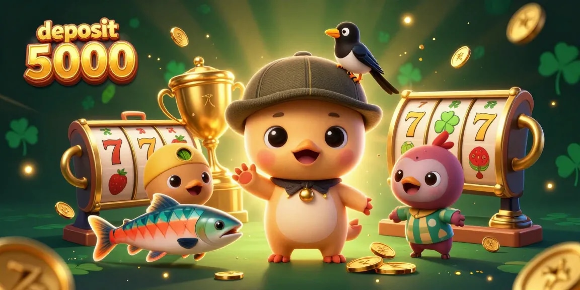 Engage with the thrilling deposit 5000 experience featuring slot reels and playful characters in an exciting casino setting.