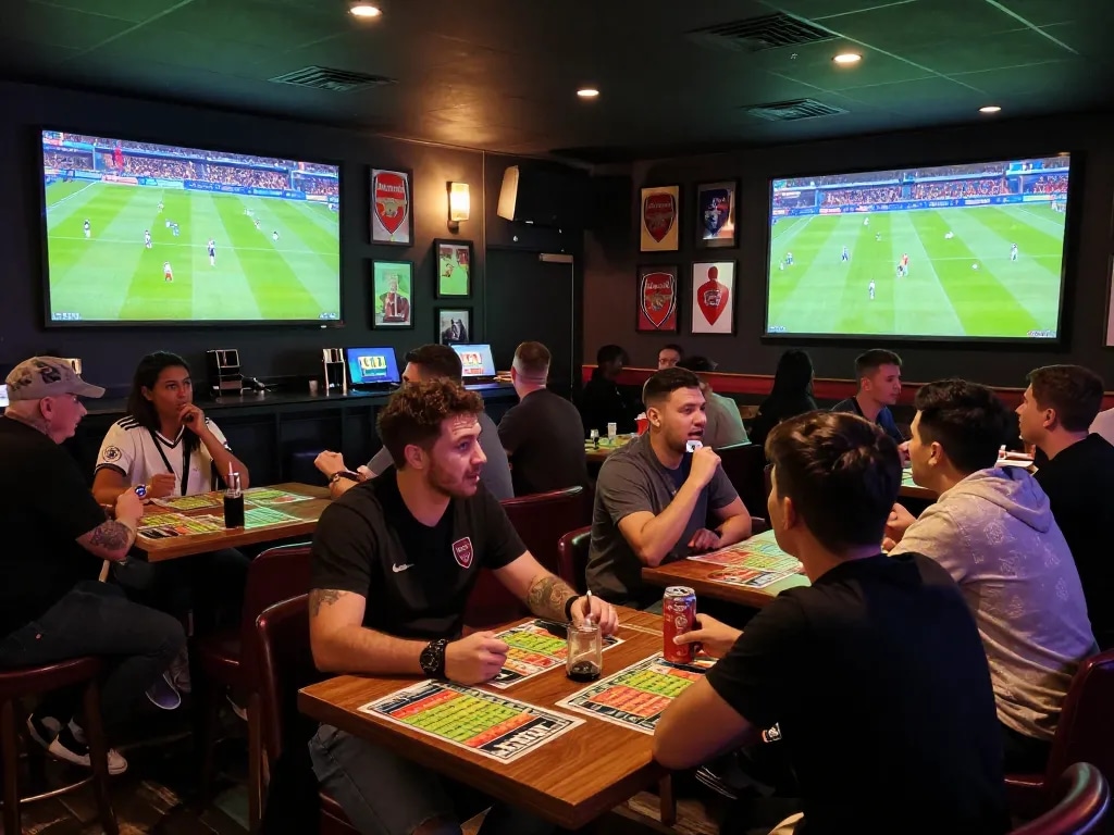 Excitement in sports betting as fans analyze Nhận Định Arsenal vs Chelsea at a lively bar.