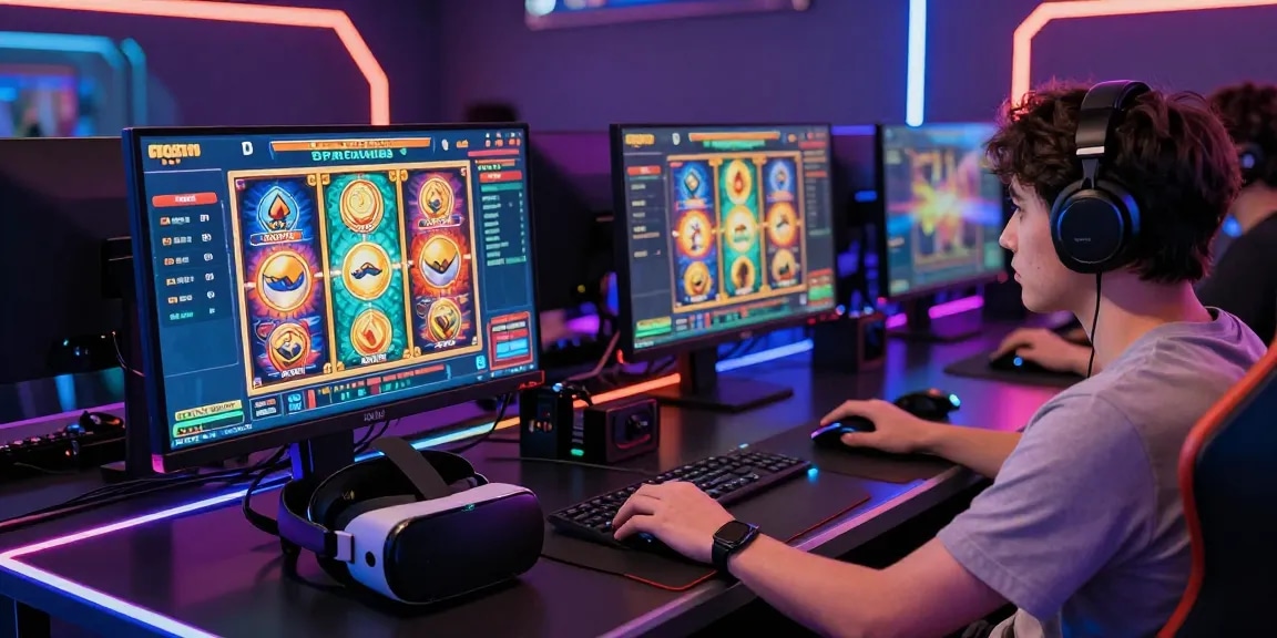 Exciting gameplay at spaceman88 showcasing vibrant slot machines and modern gaming setup.