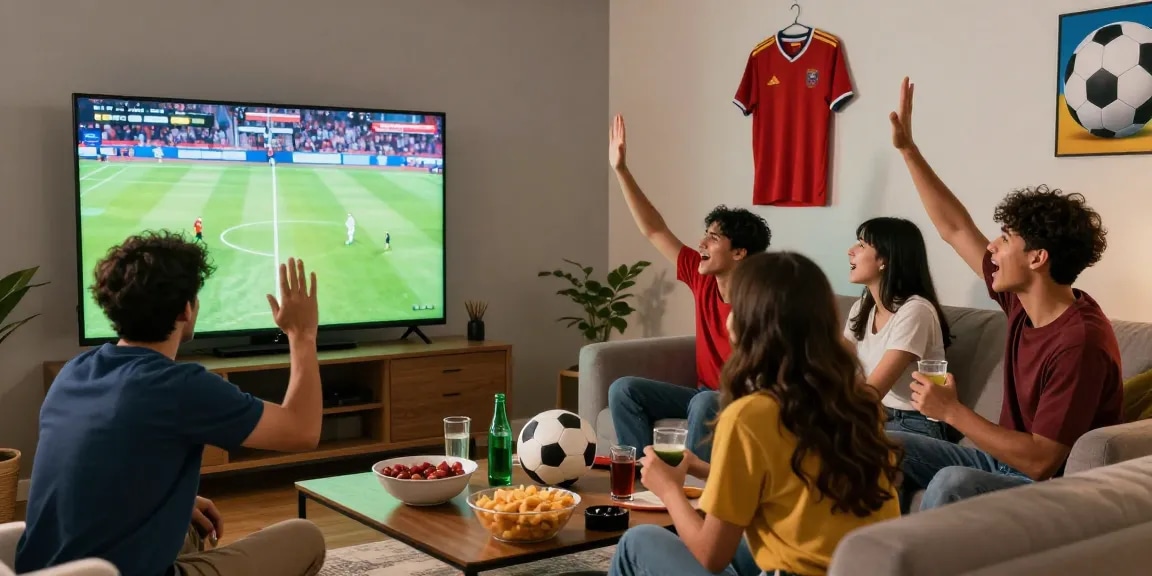 Live streaming bola di BOLAKAMI, sekelompok teman menyaksikan pertandingan sepak bola di ruang tamu yang hangat.