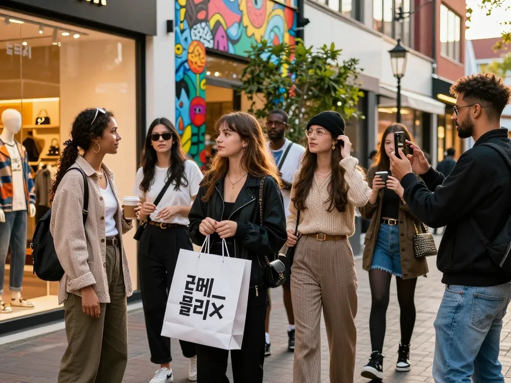 Diverse friends in trendy outfits joyfully shopping for 레플리카 items in a vibrant urban district.