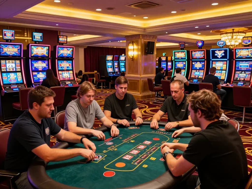 Excited players enjoy games at tg88 casino, showcasing vibrant slot machines and poker tables.