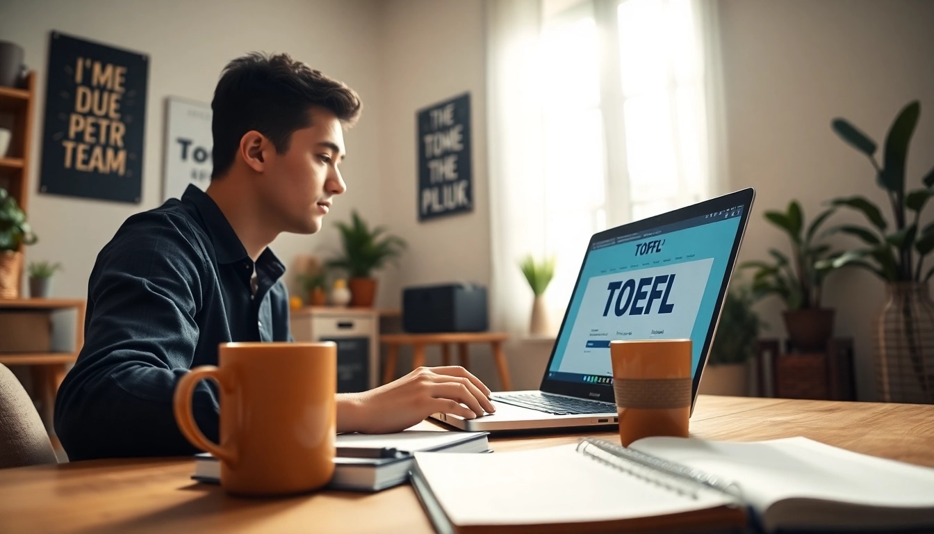 Pay someone to take toefl in a cozy study room with a focused student preparing for the exam.