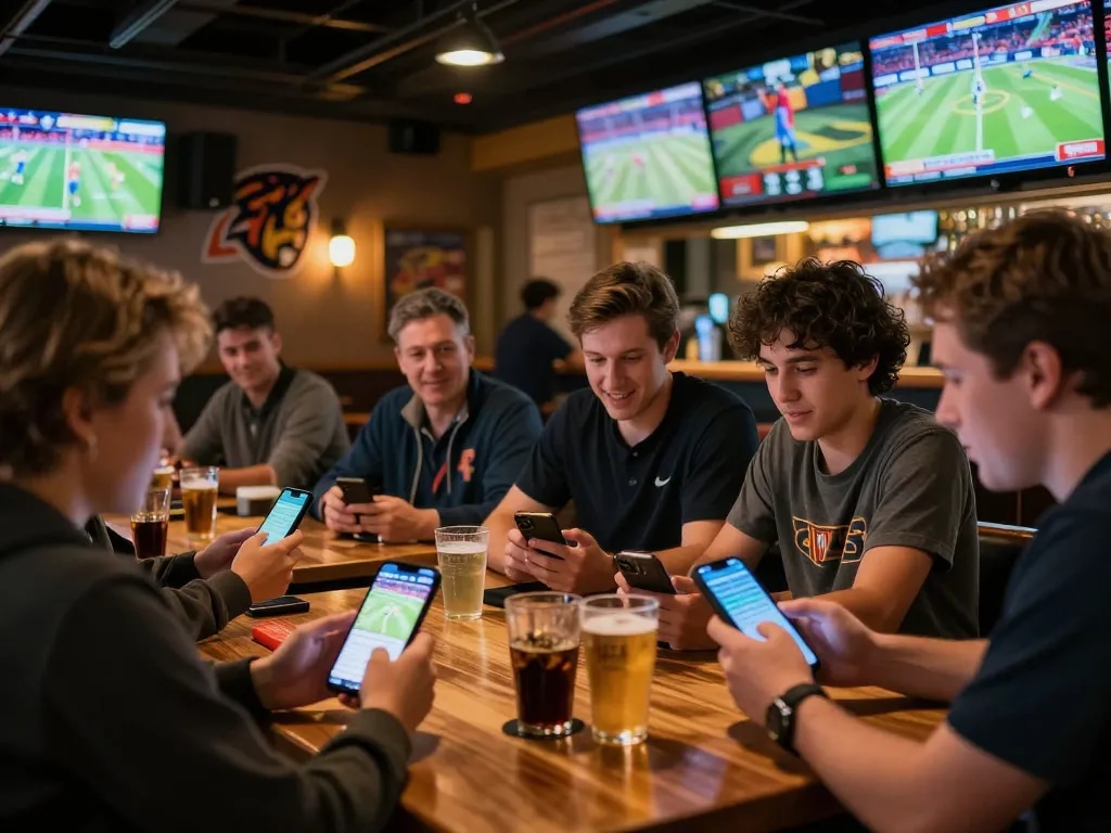 Engaged patrons using mobile devices to place bets at nhà cái 8xbet sports bar.