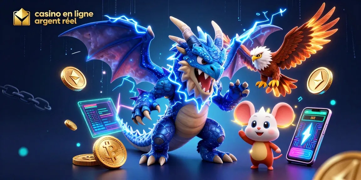 Découvrez un casino en ligne argent réel moderne avec des dragons et des éléments de crypto-monnaie.