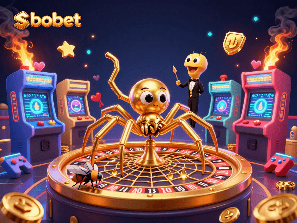 sbobet bets spin in a vibrant casino scene with a golden spider and centipede croupier