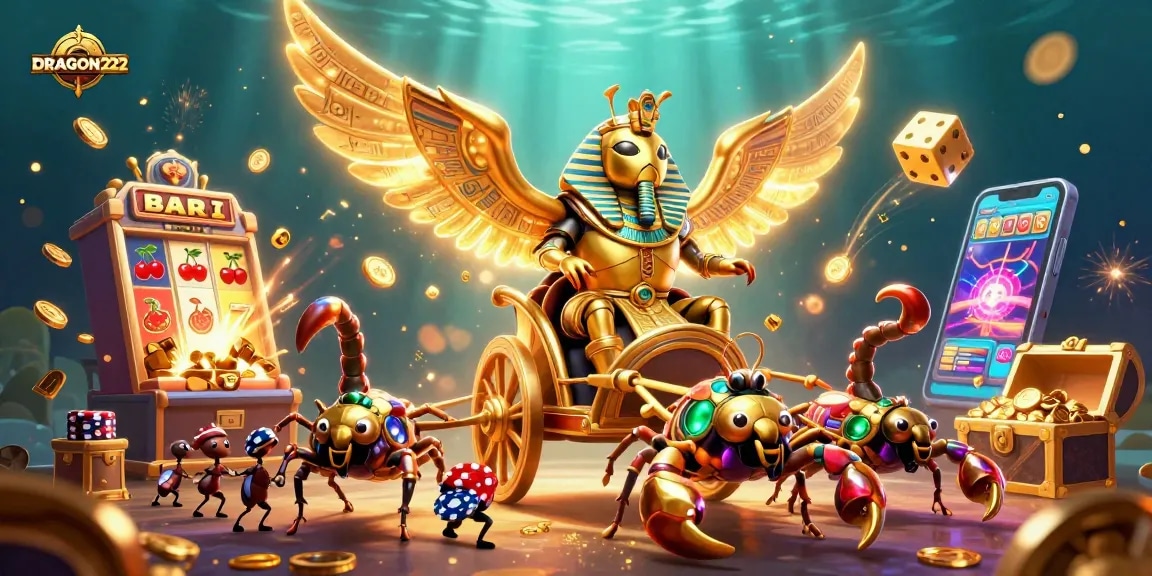 Spin to win with DRAGON222's giant golden beetle and scorpions in a vibrant casino adventure