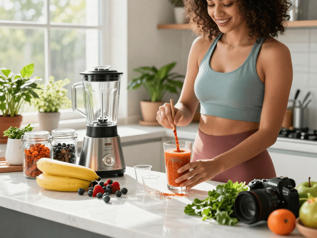 Preparing a smoothie with Haematococcus pluvialis astaxanthin in a bright kitchen