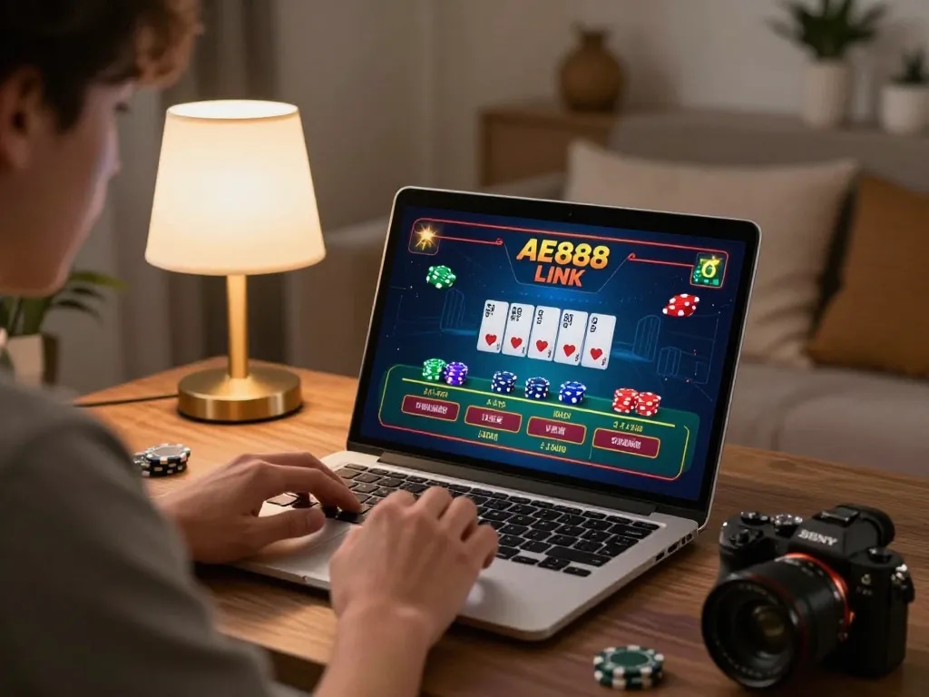 Experience the excitement of AE888 LINK while playing live baccarat on a laptop in a cozy home environment.